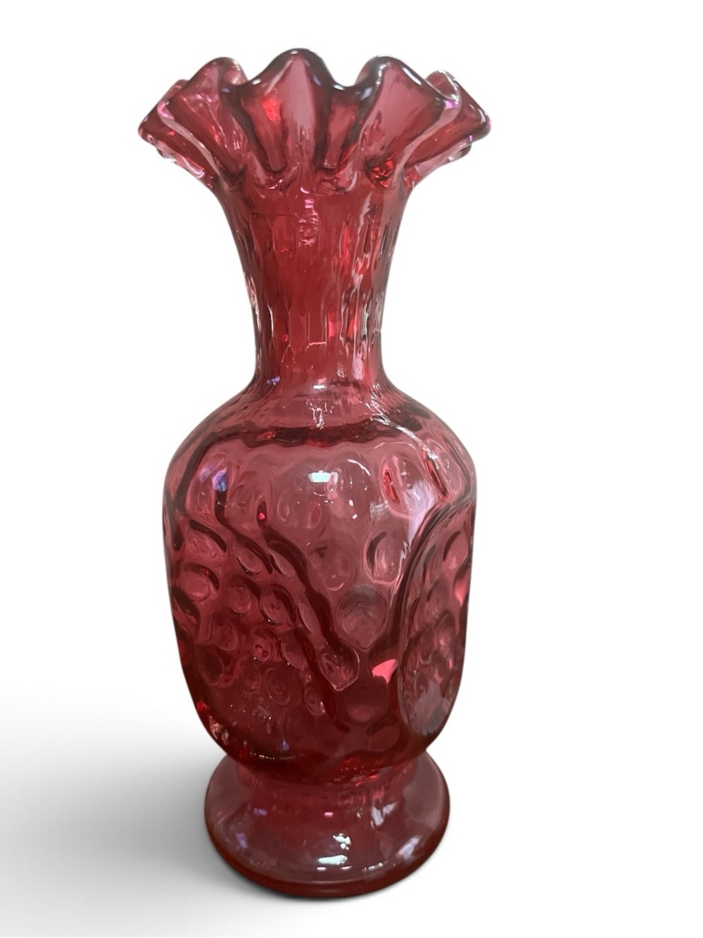 Vintage Fenton Glass Cranberry Ruffle Edge, Dot Pattern Flower Vase 7” - Picture 1 of 5